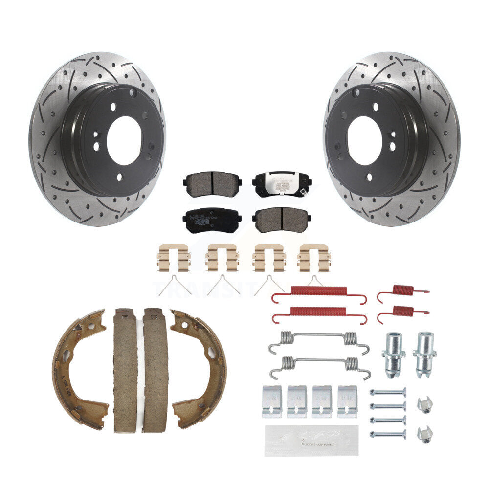 Transit Auto Rear Disc Drilled & Slotted Rotors Ceramic Pads Parking Brake Shoes And Hardware Kit For 2016 Kia Optima FULL HYBRID EV-GAS (FHEV) engine With Manual KDT-102210