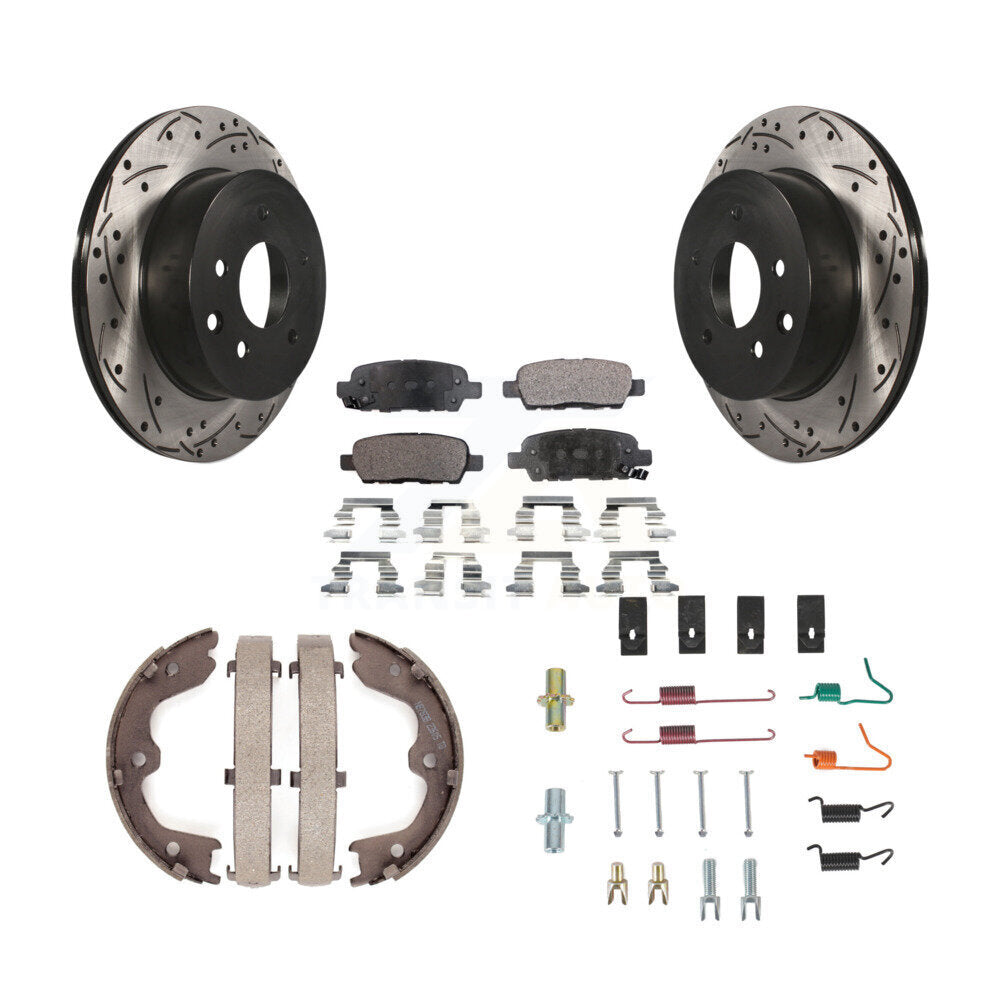 Transit Auto Rear Disc Drilled & Slotted Rotors Ceramic Pads Parking Brake Shoes And Hardware Kit For 2005-2006 Nissan X-Trail KDT-102212