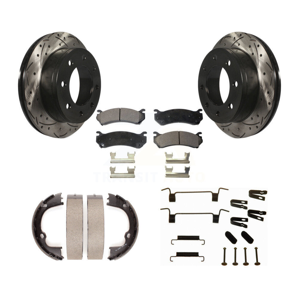 Transit Auto Rear Disc Drilled & Slotted Rotors Ceramic Pads Parking Brake Shoes And Hardware Kit For 2008-2009 Hummer H2 KDT-102213