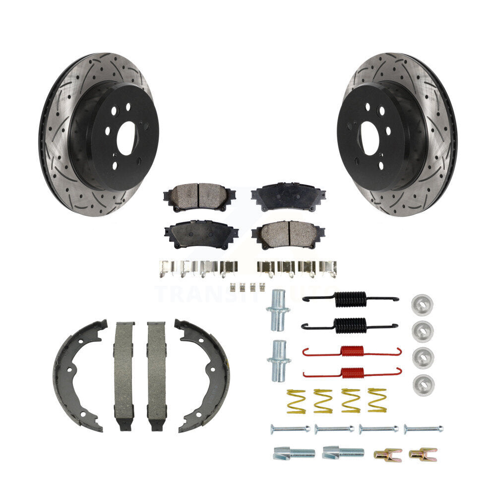 Transit Auto Rear Disc Drilled & Slotted Rotors Ceramic Pads Parking Brake Shoes And Hardware Kit For Lexus IS300 IS350 GS350 RC350 RC300 IS200t GS450h GS300 RC200t GS200t KDT-102214