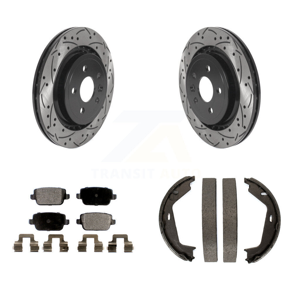 Transit Auto Rear Disc Drilled & Slotted Rotors Ceramic Pads And Parking Brake Shoes Kit For 2007-2009 Volvo S80 FWD With Vented Rotor KDT-102215