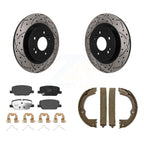 Transit Auto Rear Disc Drilled & Slotted Rotors Ceramic Pads And Parking Brake Shoes Kit For 2019 Hyundai Santa Fe With 1 Piston Front Calipers KDT-102216