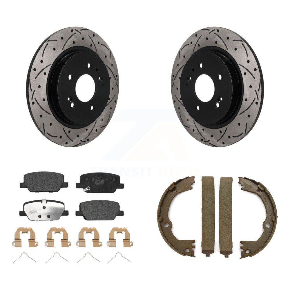 Transit Auto Rear Disc Drilled & Slotted Rotors Ceramic Pads And Parking Brake Shoes Kit For 2019 Hyundai Santa Fe With 1 Piston Front Calipers KDT-102216