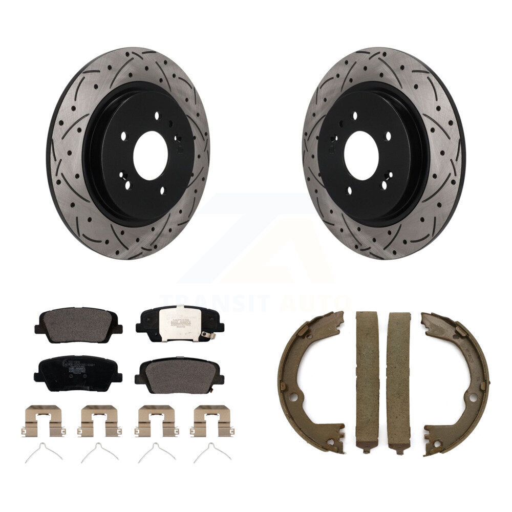 Transit Auto Rear Disc Drilled & Slotted Rotors Ceramic Pads And Parking Brake Shoes Kit For 2019 Hyundai Santa Fe With 2 Piston Front Calipers KDT-102217