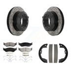 Transit Auto Rear Disc Drilled & Slotted Rotors Ceramic Pads And Parking Brake Shoes Kit For 2013-2014 Ford F-450 Super Duty Crew Cab Pickup With 10 Lug Wheels KDT-102218
