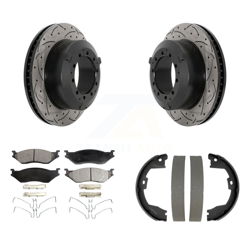 Transit Auto Rear Disc Drilled & Slotted Rotors Ceramic Pads And Parking Brake Shoes Kit For 2013-2014 Ford F-450 Super Duty Crew Cab Pickup With 10 Lug Wheels KDT-102218
