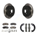 Transit Auto Rear Disc Drilled & Slotted Rotors Ceramic Pads And Parking Brake Shoes Kit For 2014 Toyota Highlander Hybrid Limited with FULL HYBRID EV-GAS (FHEV) engine KDT-102219