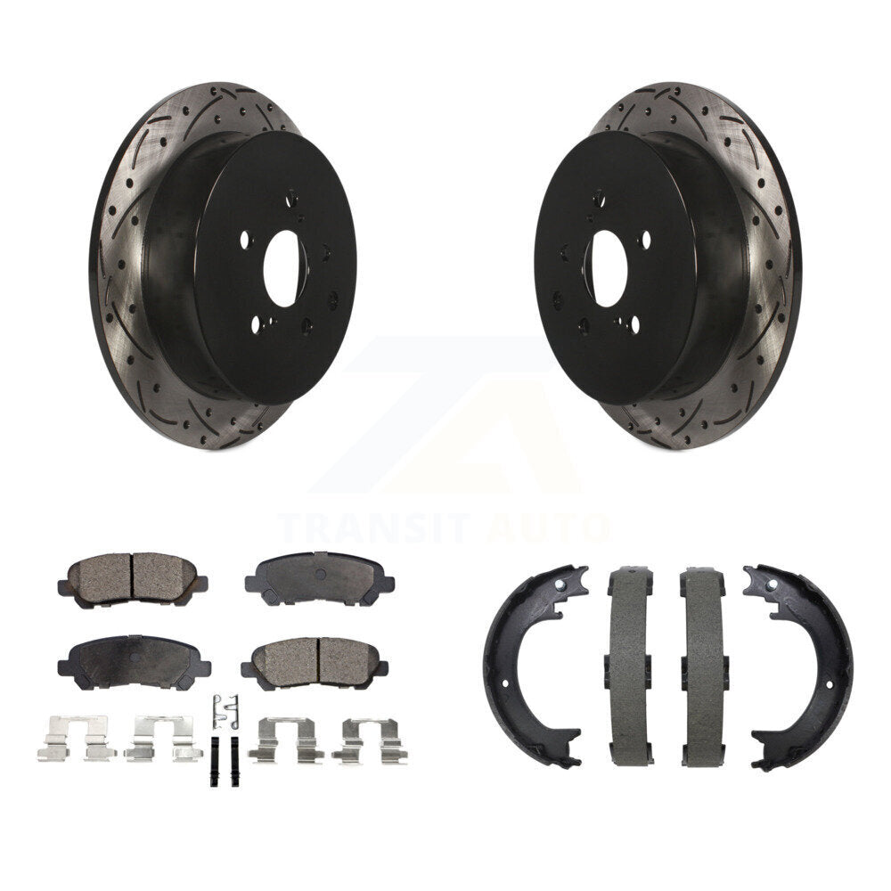 Transit Auto Rear Disc Drilled & Slotted Rotors Ceramic Pads And Parking Brake Shoes Kit For 2014 Toyota Highlander Hybrid Limited with FULL HYBRID EV-GAS (FHEV) engine KDT-102219