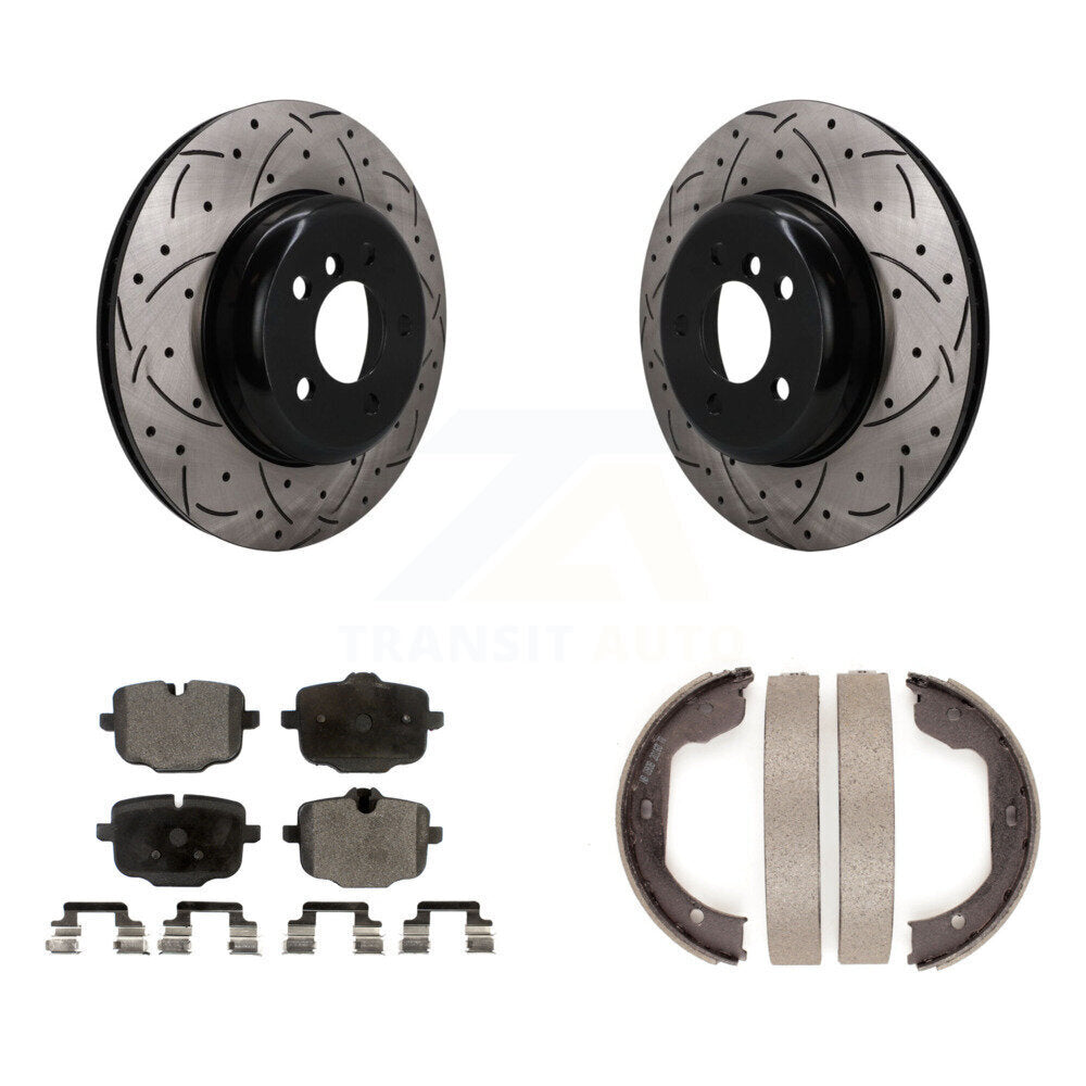 Transit Auto Rear Disc Drilled & Slotted Rotors Ceramic Pads And Parking Brake Shoes Kit For 2011 BMW 550i xDrive KDT-102221