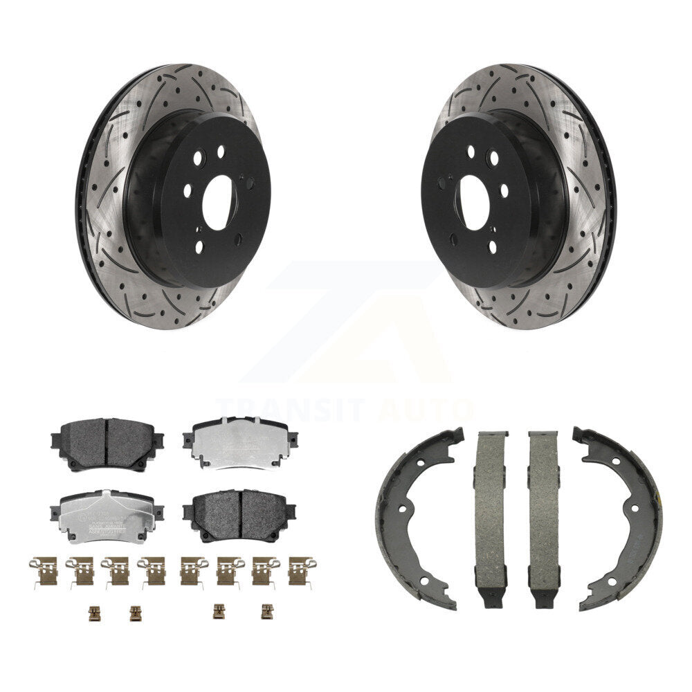 Transit Auto Rear Disc Drilled & Slotted Rotors Ceramic Pads And Parking Brake Shoes Kit For 2021 Lexus RC350 RC300 With 310mm Diameter Rotor KDT-102222