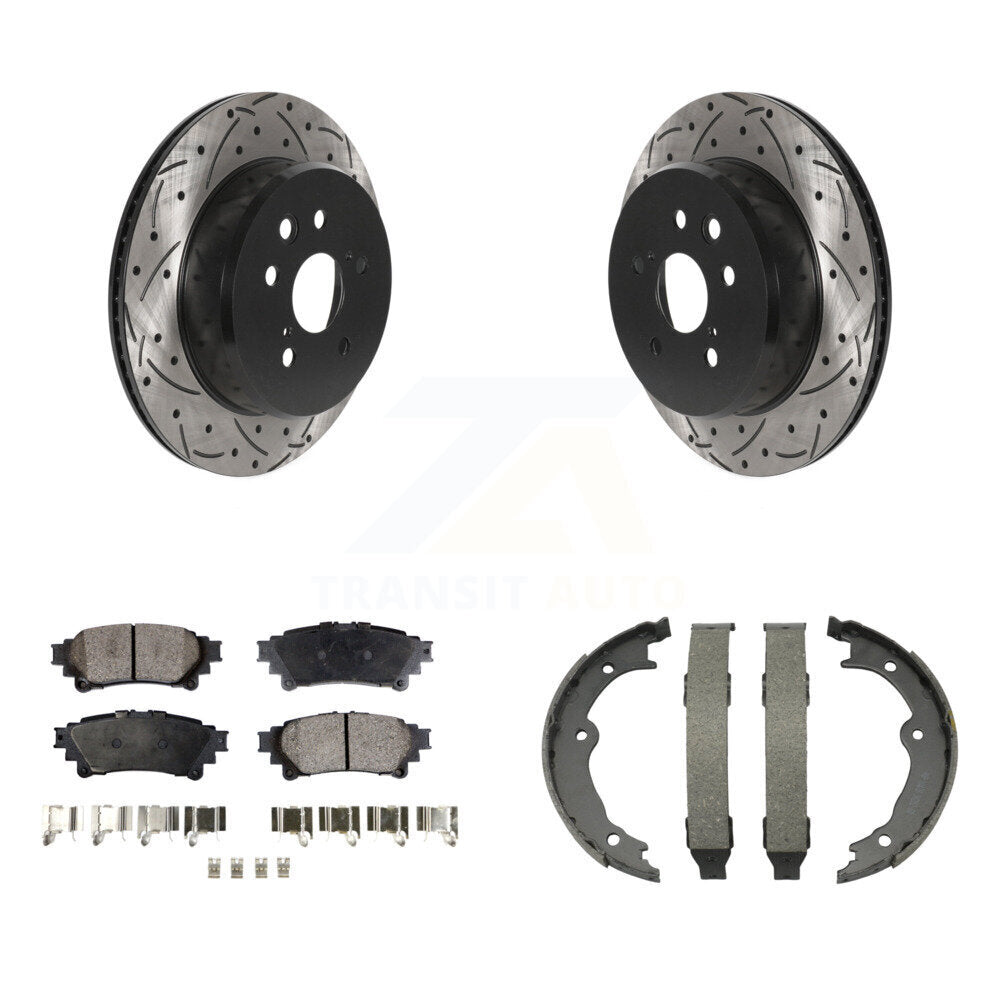 Transit Auto Rear Disc Drilled & Slotted Rotors Ceramic Pads And Parking Brake Shoes Kit For Lexus IS300 IS350 GS350 RC350 RC300 IS200t GS450h GS300 RC200t GS200t KDT-102223