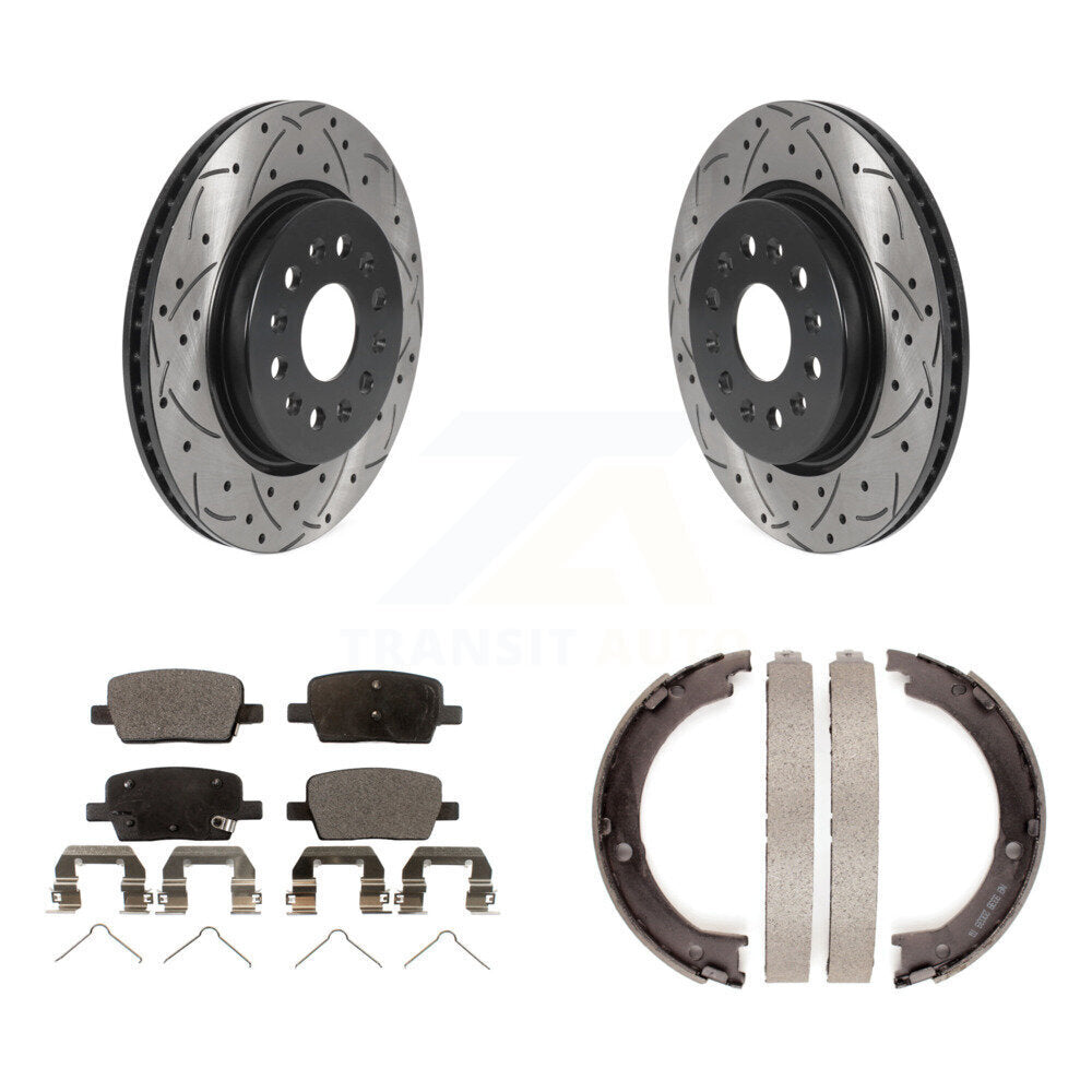 Transit Auto Rear Disc Drilled & Slotted Rotors Ceramic Pads And Parking Brake Shoes Kit For 2017 GMC Acadia KDT-102226