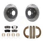 Transit Auto Rear Disc Drilled & Slotted Rotors Ceramic Pads And Parking Brake Shoes Kit For 2016 Kia Optima FULL HYBRID EV-GAS (FHEV) engine With Manual KDT-102227