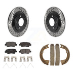 Transit Auto Rear Disc Drilled & Slotted Rotors Ceramic Pads And Parking Brake Shoes Kit For 2016 Kia Optima FULL HYBRID EV-GAS (FHEV) engine With Electric KDT-102228