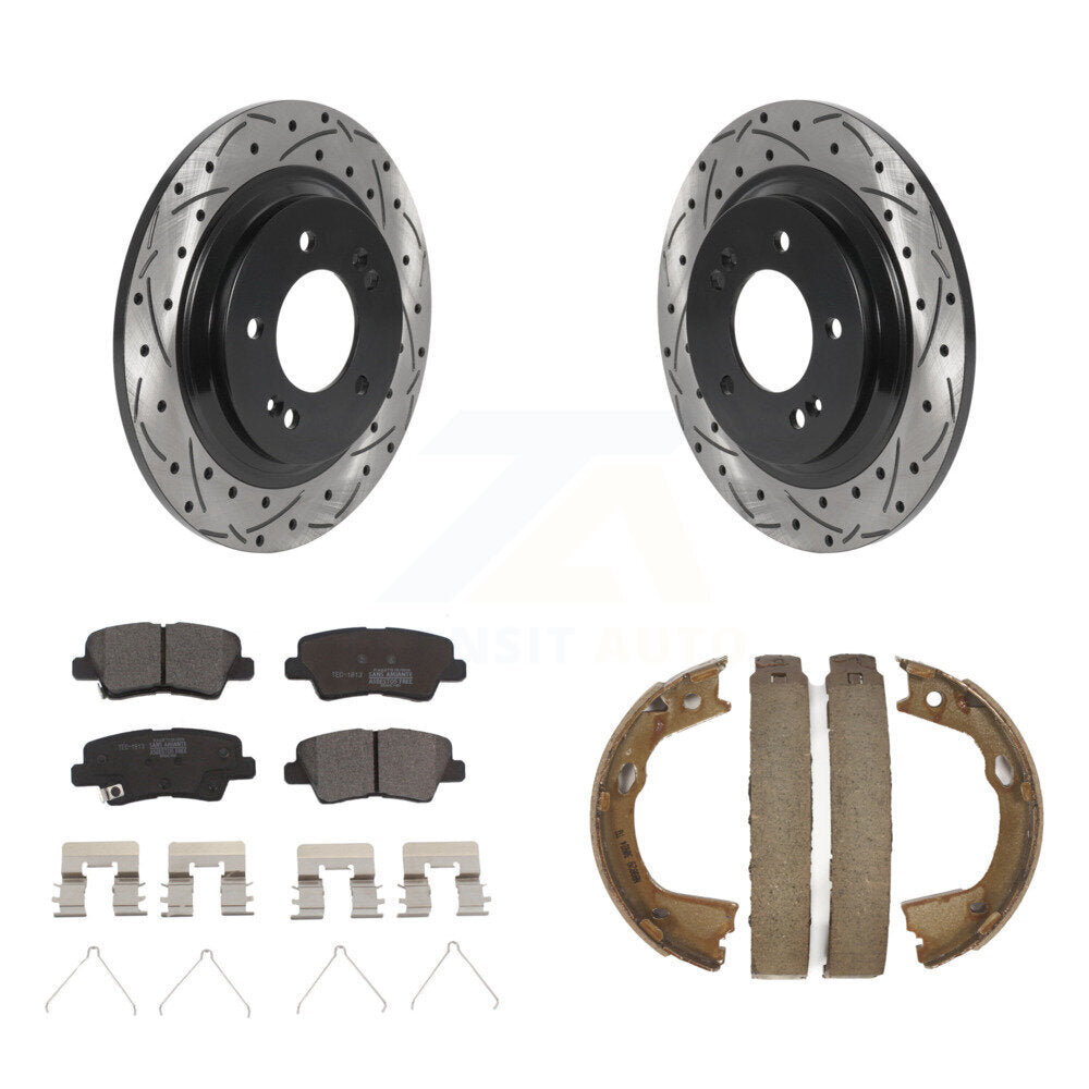 Transit Auto Rear Disc Drilled & Slotted Rotors Ceramic Pads And Parking Brake Shoes Kit For 2016 Kia Optima FULL HYBRID EV-GAS (FHEV) engine With Electric KDT-102228