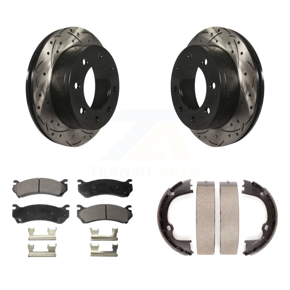 Transit Auto Rear Disc Drilled & Slotted Rotors Ceramic Pads And Parking Brake Shoes Kit For 2008-2009 Hummer H2 KDT-102229