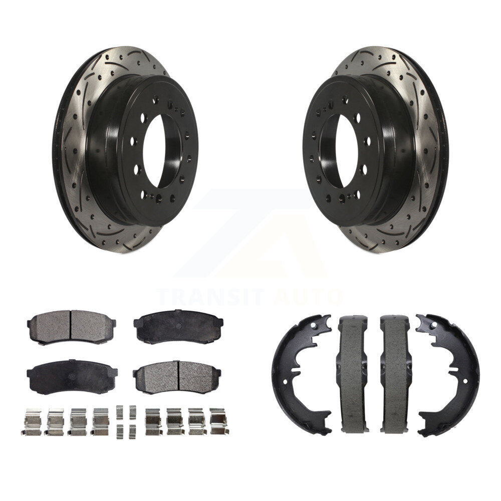 Transit Auto Rear Disc Drilled & Slotted Rotors Ceramic Pads And Parking Brake Shoes Kit For Toyota 4Runner Lexus GX460 FJ Cruiser KDT-102230