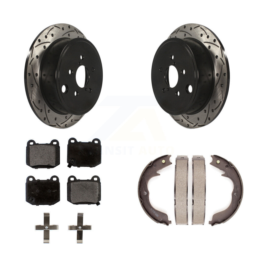 Transit Auto Rear Disc Drilled & Slotted Rotors Ceramic Pads And Parking Brake Shoes Kit For 2014 Subaru WRX With 17" Factory Wheels KDT-102231