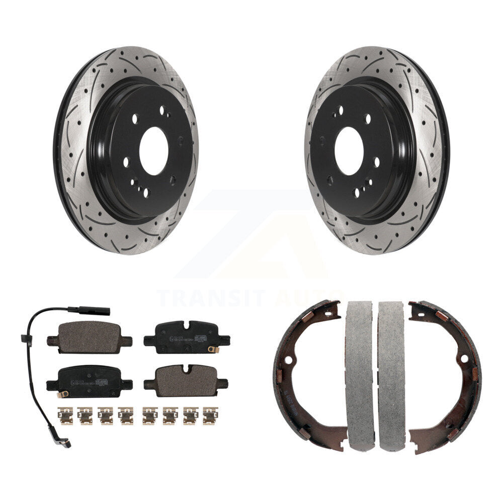 Transit Auto Rear Disc Drilled & Slotted Rotors Ceramic Pads And Parking Brake Shoes Kit For 2021-2024 GMC Yukon XL With Electric KDT-102232