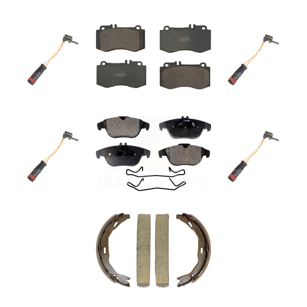Positive Plus Front Rear Semi-Metallic Disc Brake Pads And Wear Sensors Kit (7Pc) For Mercedes-Benz E350 With 344mm Diameter Rotor KPW-101830