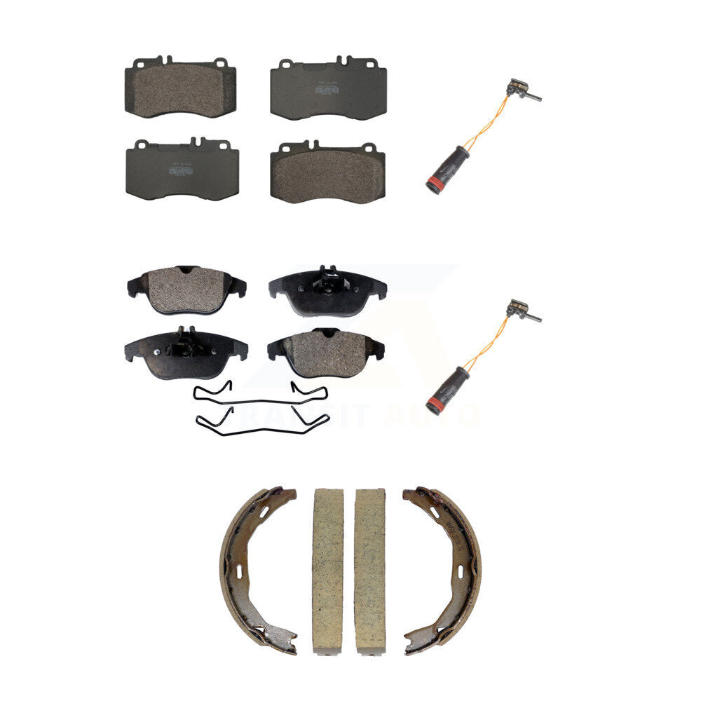 Positive Plus Front Rear Semi-Metallic Disc Brake Pads And Wear Sensors Kit (5Pc) For Mercedes-Benz E350 With 344mm Diameter Rotor KPW-101867