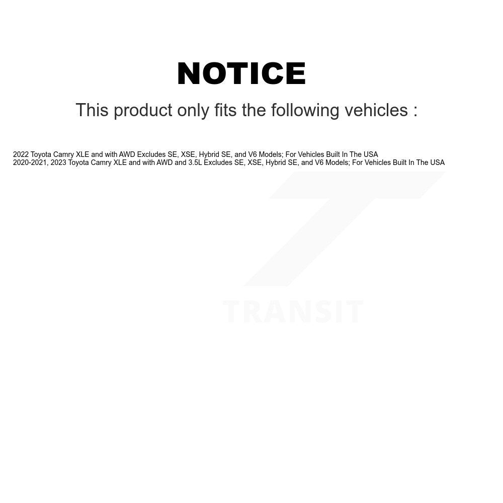 Transit Auto Front Rear Complete Suspension Shocks Strut And Coil Spring Mount Assemblies Kit For Toyota Camry Excludes SE XSE Hybrid V6 Models; Vehicles Built In The USA Left Right K78M-100557