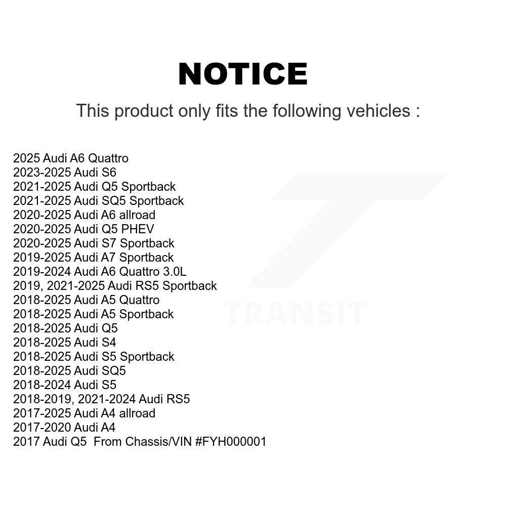 Buyers Guide for KTR-105830. Fits: Audi Q5 SQ5 Sportback A5 S5 Quattro A4 allroad S4 RS5 A6 PHEV A7 S7 S6 KTR-105830